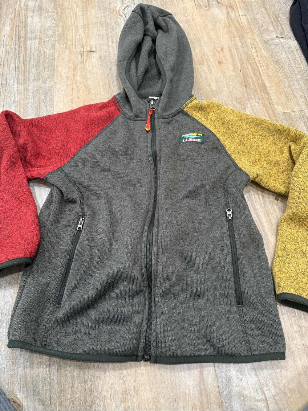 L.L. Bean Kids Hooded Fleece Jacket in Gray with Red & Yellow Sleeves